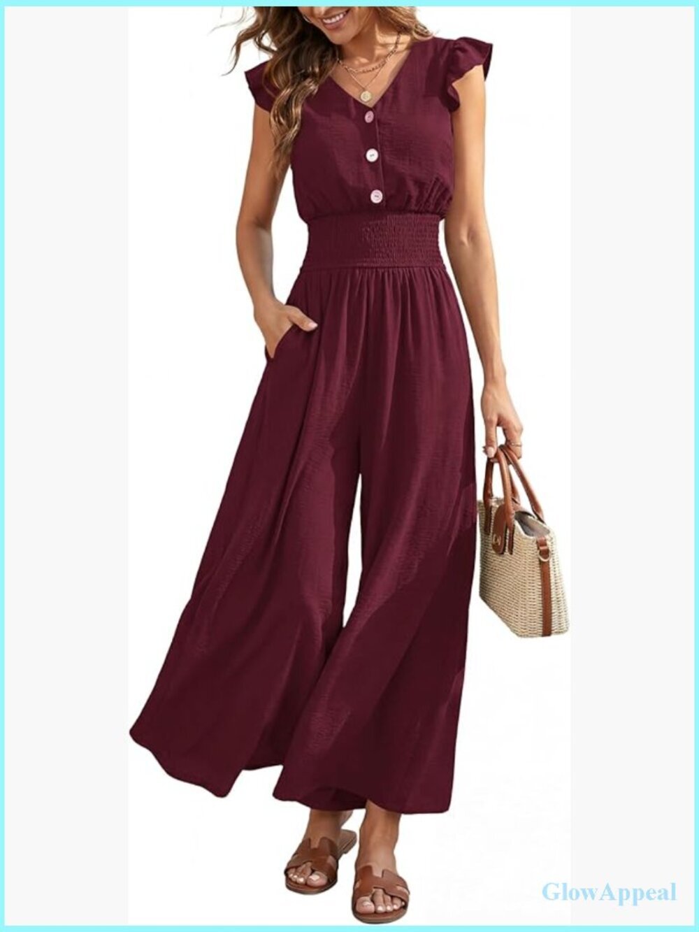 Ruffle Cap Sleeve Smocked Wide Leg Jumpsuit Romper with Pockets